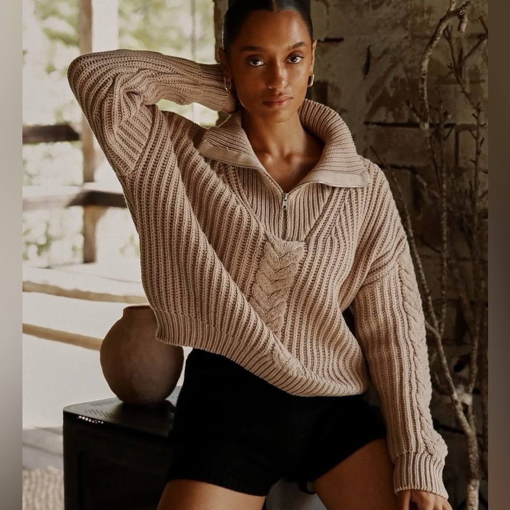 Dishh Cable Knit Quarter Zip Mocha Sweater